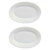 Tradineur - Pack de 2 fuentes ovaladas de vidrio opal - Bordes Ondulados - Bandejas para servir, extra resistentes, diseño clásico, aptas para lavavajillas, cocina, hostelería (Blanco -22 x 15 cm)