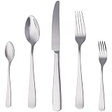 Amazon Basics Juego de cubertería de acero inoxidable de 20 Unidad con borde cuadrado, servicio para 4, Plateado