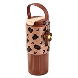Botella Agua Acero Inoxidable con Pajita, Colgante Flor, 750ml Antifugas | Leopardo Garrafa Botella Termica con Asa en U, Termo Cantimplora Deportiva con Tapa de Doble Uso para Gimnasio, Oficina