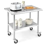 KOMFOTTEU Mesa de Trabajo con Ruedas para Cocina, Carro de Servicio de Acero Inoxidable, Carrito de 2 Estantes con Carga de 250 kg, Mesa de Preparación de Comida para Restaurante (91,5 x 61 x 89,5 cm)