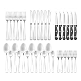 OTTO KONING Cubiertos Acero Inoxidable Plateado 36 Piezas 6 Personas | Cubertería plateada para seis personas, cuchillos de carne con mango negro, acabado espejo, apto lavavajillas, diseño moderno