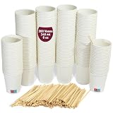 gobecups 200 Vasos Desechables Blancos 240 ml Cartón Café con Paletinas | Vasos de Cartón Grandes para Café con Leche, Americano, Té y Chocolate, Antifugas y sin Olor, con Paletinas de Madera