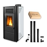 EIDER BIOMASA Estufa de Pellets SIRIO 11 – 11,09 kW – Rendimiento 92% – Hasta 255 m³ – Tolva 15 kg – Programable WiFi – Encendido Rápido – Clase A++ + Kit de Fumistería + Módulo WiFi