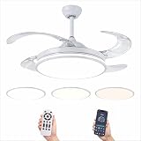 Ventilador de Techo Led 72W, Regulable en Intensidad y en Tono de Luz de Fria a Cálida, 4 Aspas Retráctiles, Mando a Distancia y APP para Móvil, Motor DC Ultra Silencioso, 6 Velocidades (blanco)