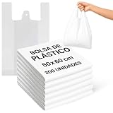 Bolsas de Plastico, Bolsa Tipo Camiseta, Bolsas economicas, Apto para objetos pequeños de poco peso, Fabricada en España, grosor de 12,5 micras (Galga 50), Blanco, 50x60 cm Desplegada, 200 unidades