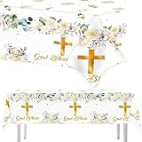 LEOINAER Mantelería para comunión y Fiestas religiosas, 3 manteles de 130 x 220 cm, diseño con Cruz Dorada y Corona de Hojas, Ideal para mesas rectangulares